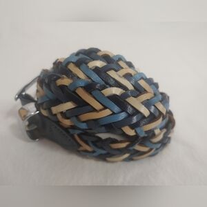 Vintage Capezio Leather Braided Belt Navy/Blue/Tan/Cream With Chrome Accents M/L